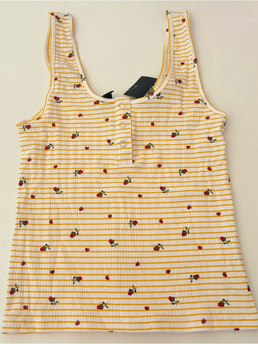 NEW Women's Yellow Striped Floral Tank Top with buttons womens M